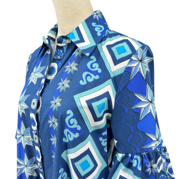 La Double J Choux Costiera Blue Print Flounce Cotton Poplin Mini Shirt Dress - Picture 8 of 16